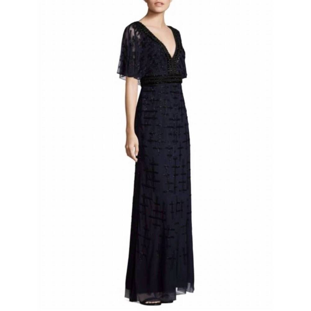 NEW AIDAN MATTOX v-neck cape sleeve embellished dress in twilight - Picture 4 of 6